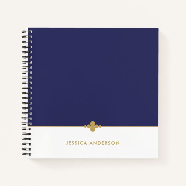 Elegant Navy Blue White Gold Personalized Notebook (Front)