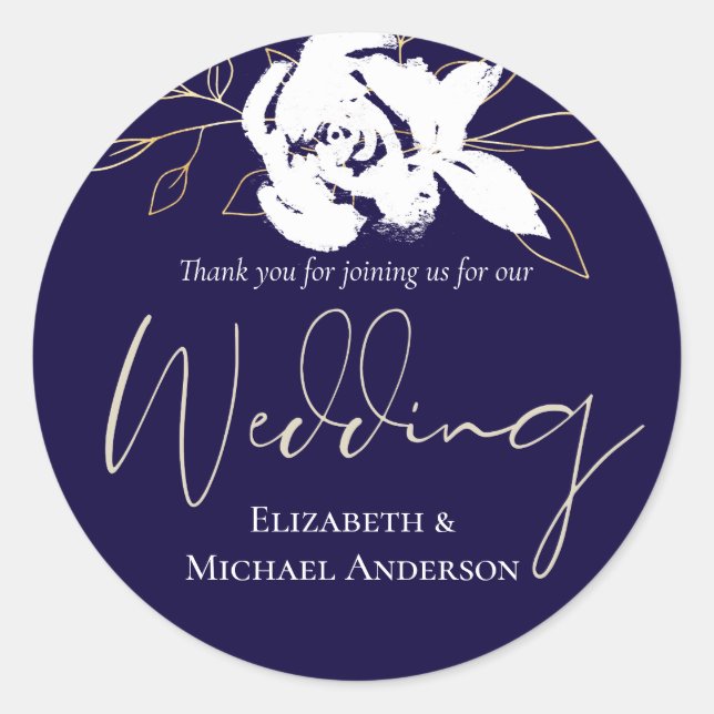 Elegant Navy Blue White Gold Wedding Classic Round Sticker (Front)