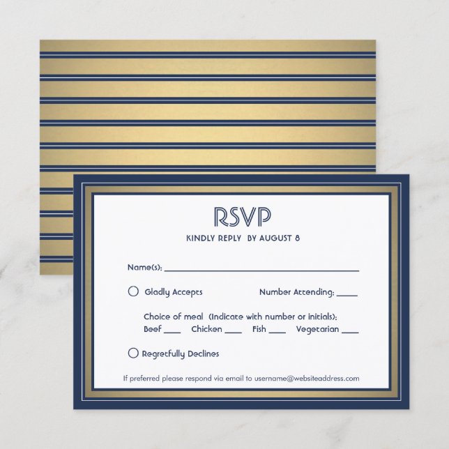 Elegant Navy Blue White & Gold with Meal Options RSVP Card (Front/Back)