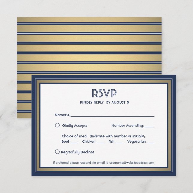 Elegant Navy Blue White & Gold with Meal Options RSVP Card (Front/Back)