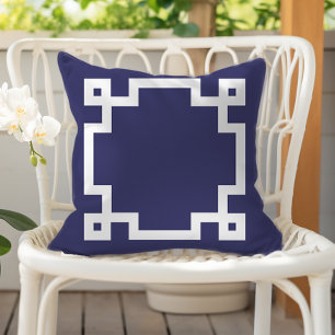 Elegant Navy Blue White Greek Key Border Outdoor Pillow