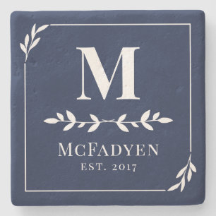 Elegant Navy Blue & White Greenery Monogram Stone Coaster