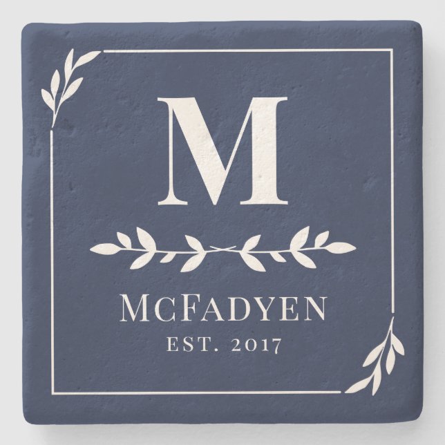Elegant Navy Blue & White Greenery Monogram Stone Coaster (Front)