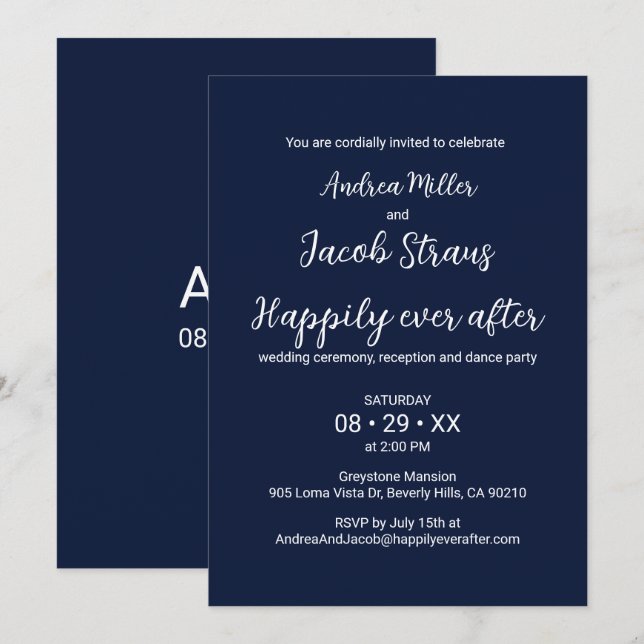 Elegant Navy Blue White Happily Ever After Wedding Invitation (Front/Back)