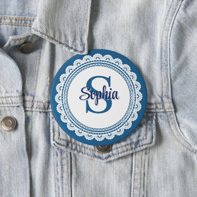 Elegant Navy Blue White Lace Monogram Name 4 Inch Round Button (In Situ)