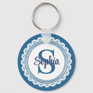 Elegant Navy Blue White Lace Monogram Name Keychain