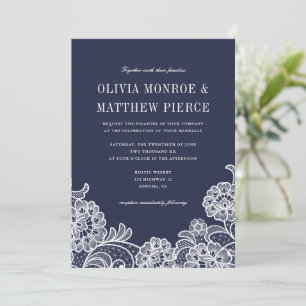 Elegant Navy Blue White Lace   Wedding Invitations