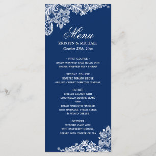 Elegant Navy Blue White Lace Wedding Menu Template