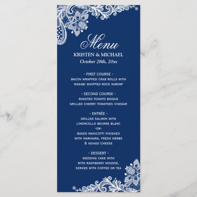 Elegant Navy Blue White Lace Wedding Menu Template (Front)