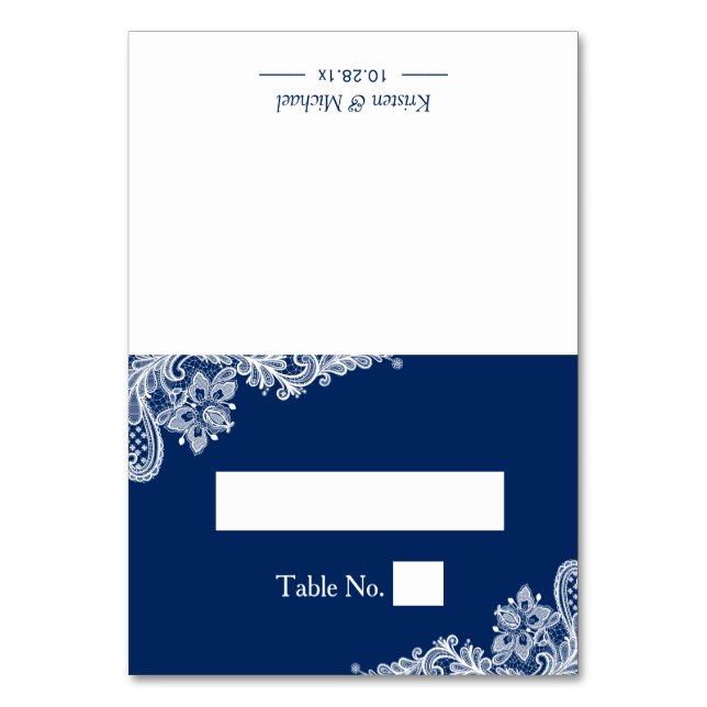 Elegant Navy Blue White Lace Wedding Place Table Number (Front)