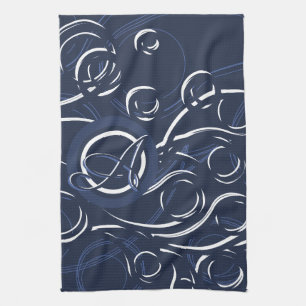 Elegant Navy Blue & White Modern Monogram Pattern Kitchen Towel
