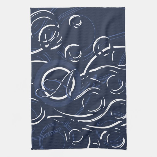Elegant Navy Blue & White Modern Monogram Pattern Kitchen Towel (Vertical)