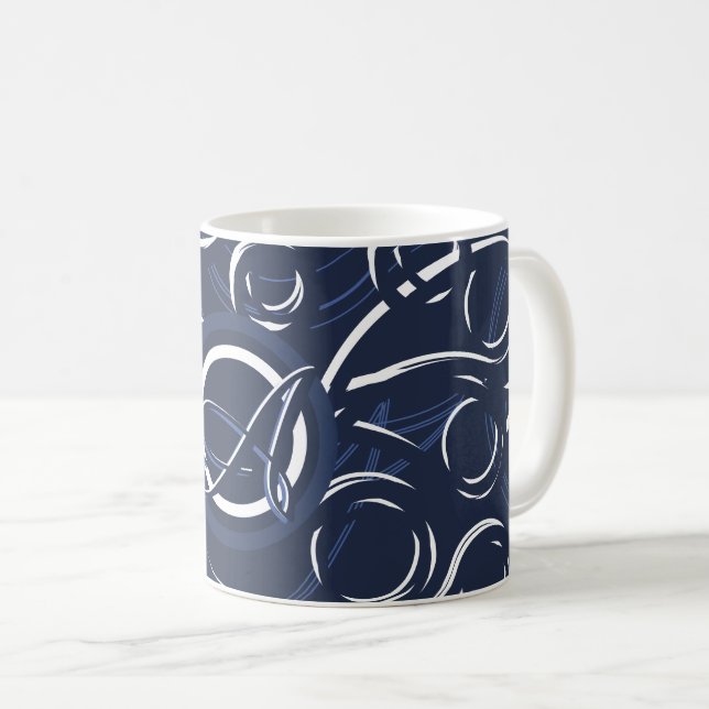 Elegant Navy Blue & White Monogrammed Pattern Coffee Mug (Front Right)