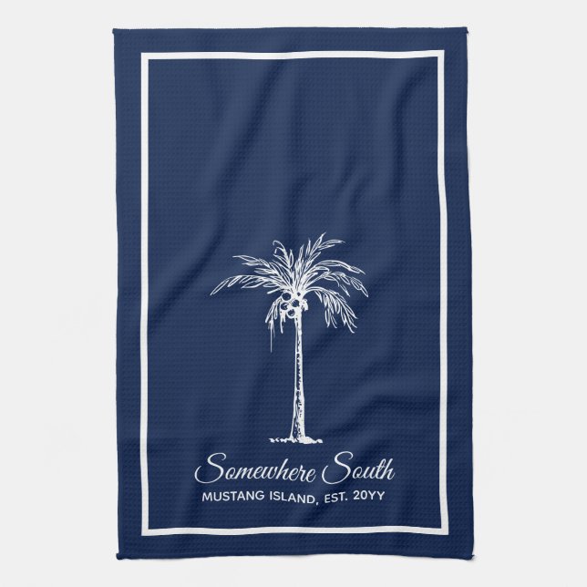 Elegant Navy Blue White Palm Tree Personalized Kitchen Towel (Vertical)