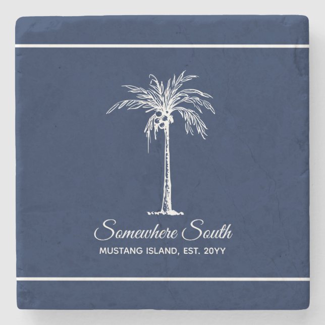 Elegant Navy Blue White Palm Tree Personalized Stone Coaster (Front)