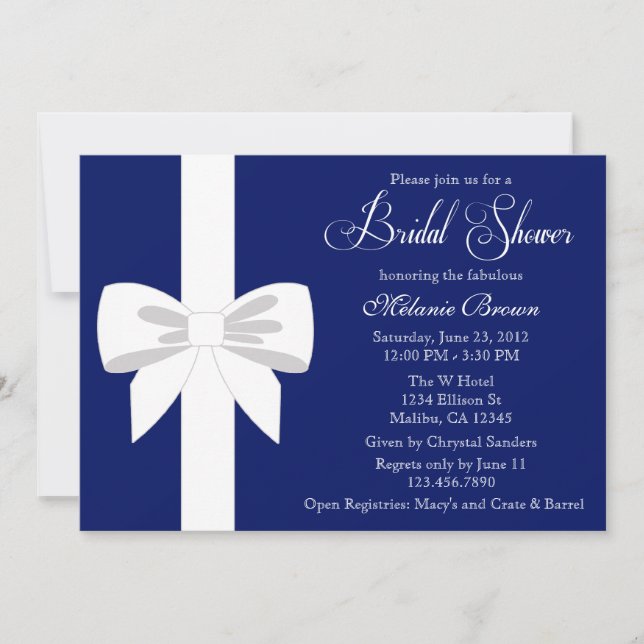 Elegant Navy Blue White Ribbon Bridal Shower Invitation (Front)