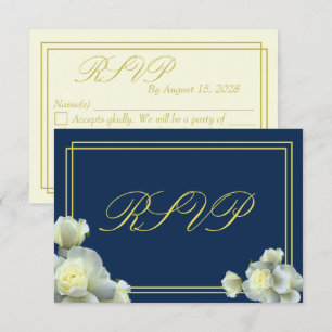 Elegant Navy Blue White Roses Minimal RSVP card