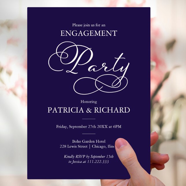 Elegant Navy Blue White Script Engagement Party Invitation (Creator Uploaded)