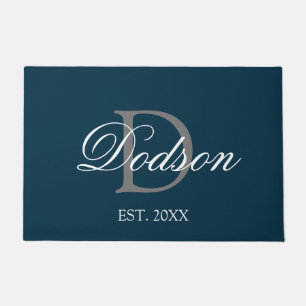 Elegant Navy Blue White Script Monogram Name Doormat