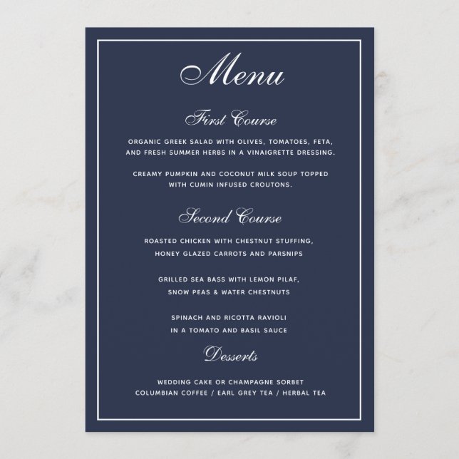 Elegant Navy Blue White Script Wedding Menu (Front)
