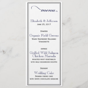 Elegant Navy Blue & White Script Wedding Menu Card