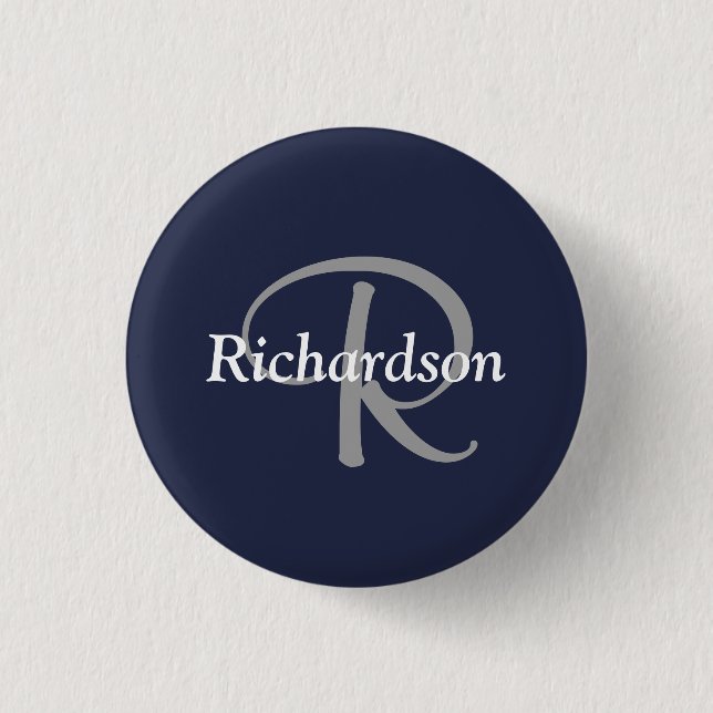 Elegant Navy Blue White Silver Grey Monogrammed 1 Inch Round Button (Front)