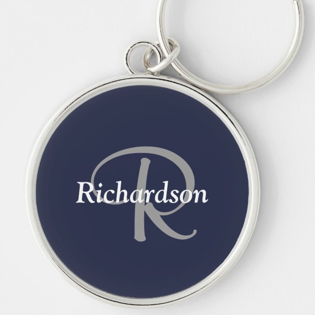 Elegant Navy Blue White Silver Grey Monogrammed Keychain (Front)