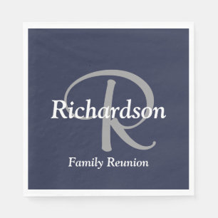 Elegant Navy Blue White Silver Grey Monogrammed Napkin