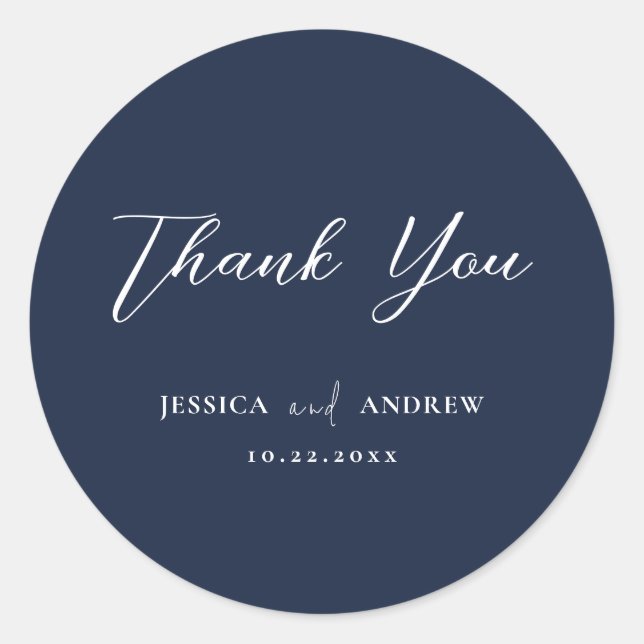 Elegant Navy Blue & White Simple Wedding Classic Round Sticker (Front)