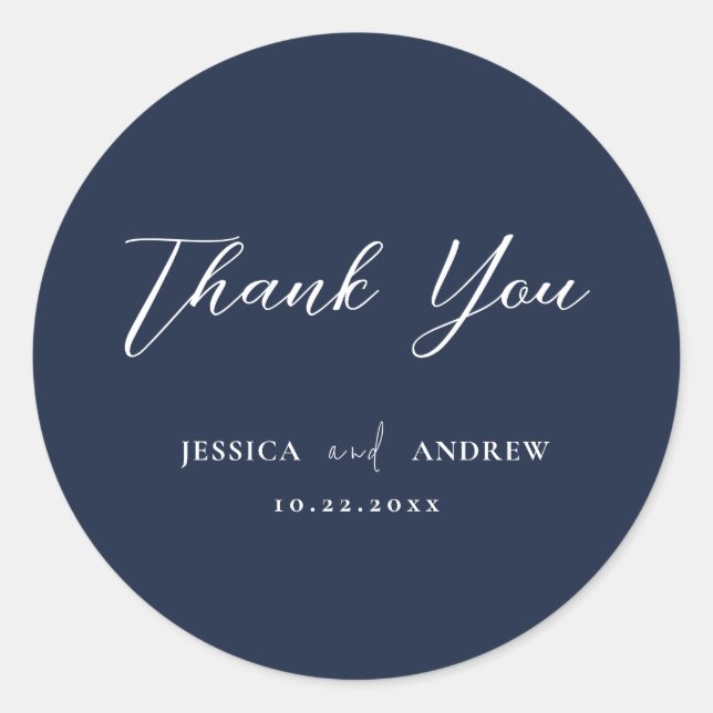 Elegant Navy Blue & White Simple Wedding Classic Round Sticker (Front)