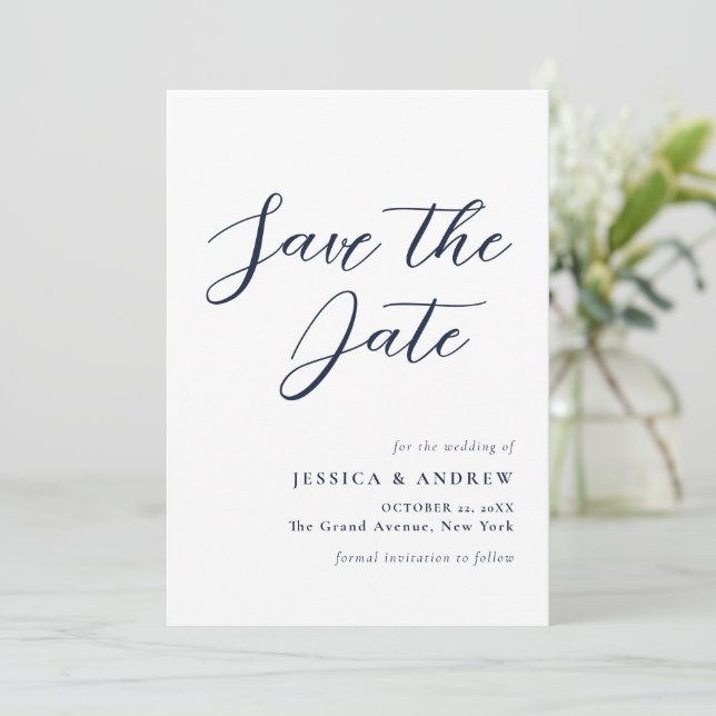 Elegant Navy Blue & White Simple Wedding Save The Date (Standing Front)