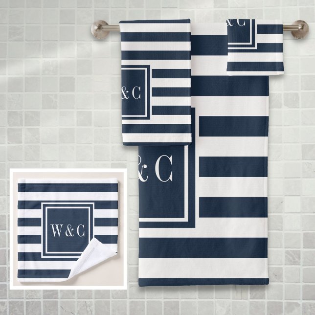 Elegant Navy Blue White Stripe Monogram Bath Towel Set (Elegant Navy Blue White Stripe Monogram Bath Towel Set)