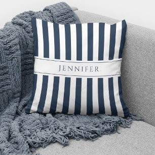 Elegant Navy Blue & White Stripes Pattern Name Throw Pillow