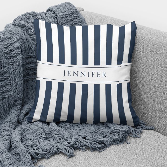 Elegant Navy Blue & White Stripes Pattern Name Throw Pillow (Creator Uploaded)