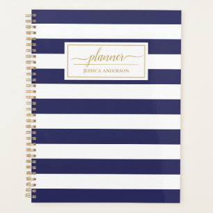 Elegant Navy Blue White Stripes Pattern Planner