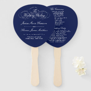 Elegant Navy Blue & White Wedding Program Template Hand Fan