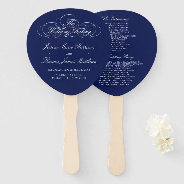 Elegant Navy Blue & White Wedding Program Template Hand Fan (Front and Back)