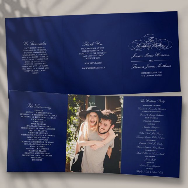 Elegant Navy Blue & White Wedding Tri-Fold Programme (Creator Uploaded)