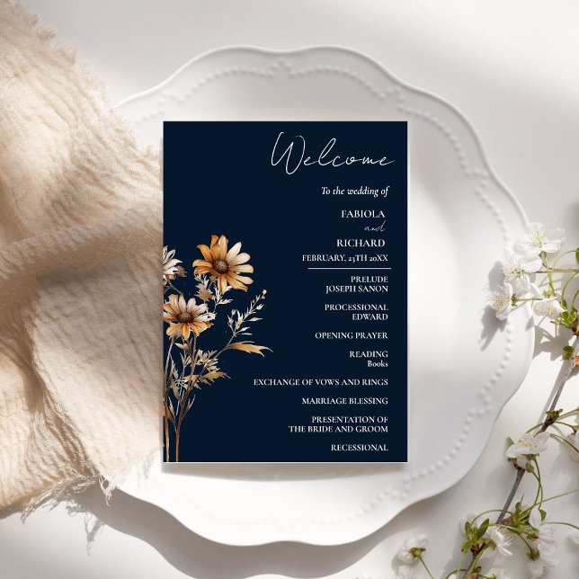 Elegant Navy Blue Wildflower Wedding Program Card (Creator Uploaded)
