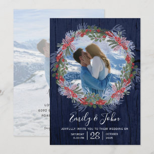 Elegant Navy Blue Winter Floral Wedding Invitation