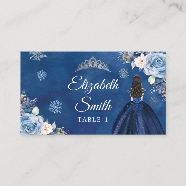 Elegant Navy Blue Winter Snowflake Mis Quince Place Card (Front)
