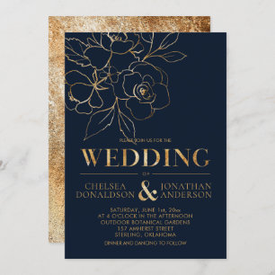 Elegant Navy Blue with Gold Sketched Roses Wedding Invitation