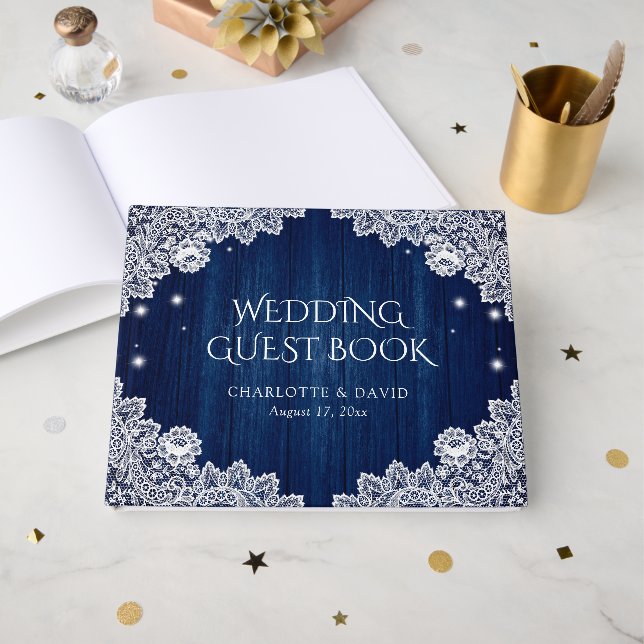 Elegant Navy Blue Wood Lace Rustic Wedding Guest Book (Front Open)