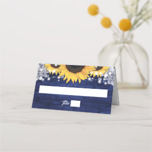 Elegant Navy Blue Wood Lace Sunflower Wedding Place Card