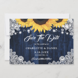 Elegant Navy Blue Wood Lace Sunflower Wedding Save The Date