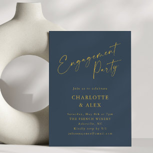 Elegant Navy Blue Yellow Gold Engagement Party Invitation