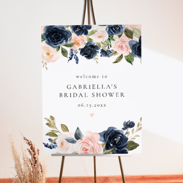 Elegant Navy Blush Floral Bridal Shower Welcome Poster (Creator Uploaded)