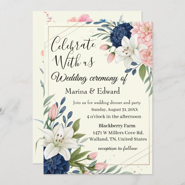 Elegant Navy Blush Floral Wedding Invitation (Front/Back)