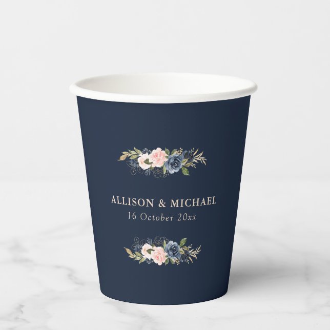 Elegant navy & blush floral wedding paper cups (Front)