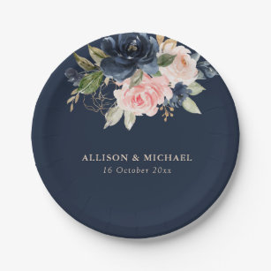 Elegant navy & blush floral wedding paper plate